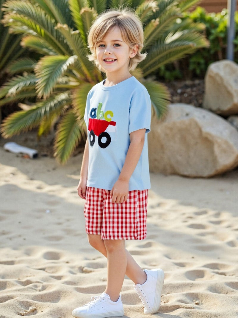Kids Boys Shorts Set, Short Sleeve Embroidery Bus Letters T-shirt with Plaid Shorts Toddler Set Summer Outfit - Image 5