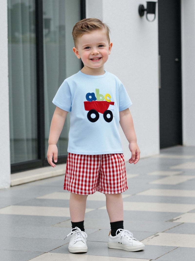Kids Boys Shorts Set, Short Sleeve Embroidery Bus Letters T-shirt with Plaid Shorts Toddler Set Summer Outfit - Image 4