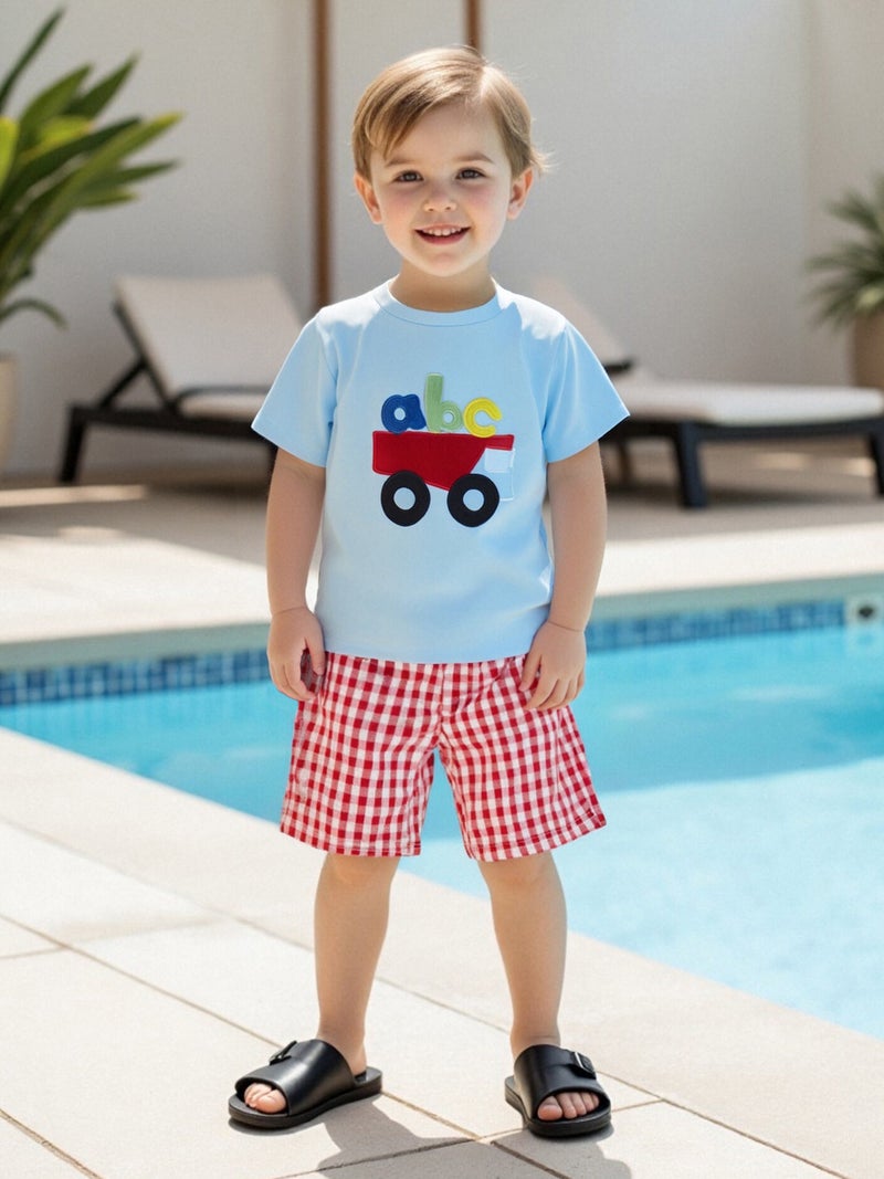 Kids Boys Shorts Set, Short Sleeve Embroidery Bus Letters T-shirt with Plaid Shorts Toddler Set Summer Outfit - Image 1