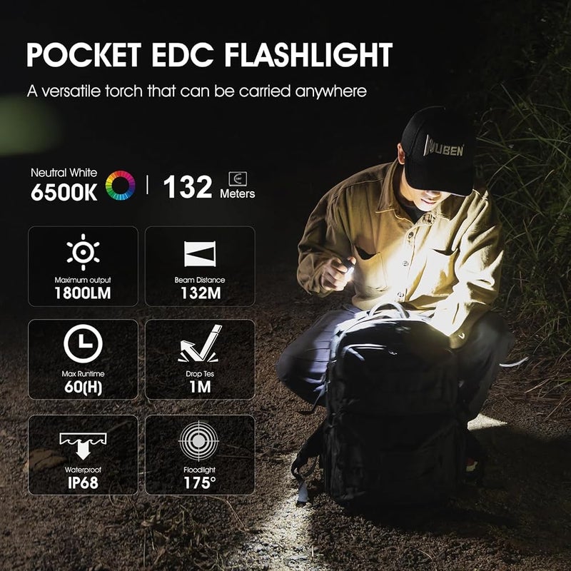 WUBEN E7 1800 Lumen Torch Light with Magnet - Super Bright 6 Modes EDC Flashlight, Typ-C Rechargeable LED Flash Light; IP68 Pocket Flashlight for Headlamp Use, Rescue, Camping - Image 2