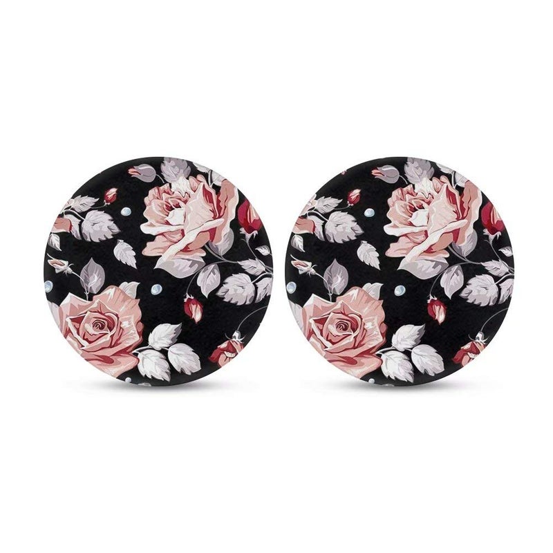 AFPANQZ Vintage Flowers Car Coasters  2 Pack  Black Pink  2.75"" Round  Nylon with Rubber Bottom - Image 1
