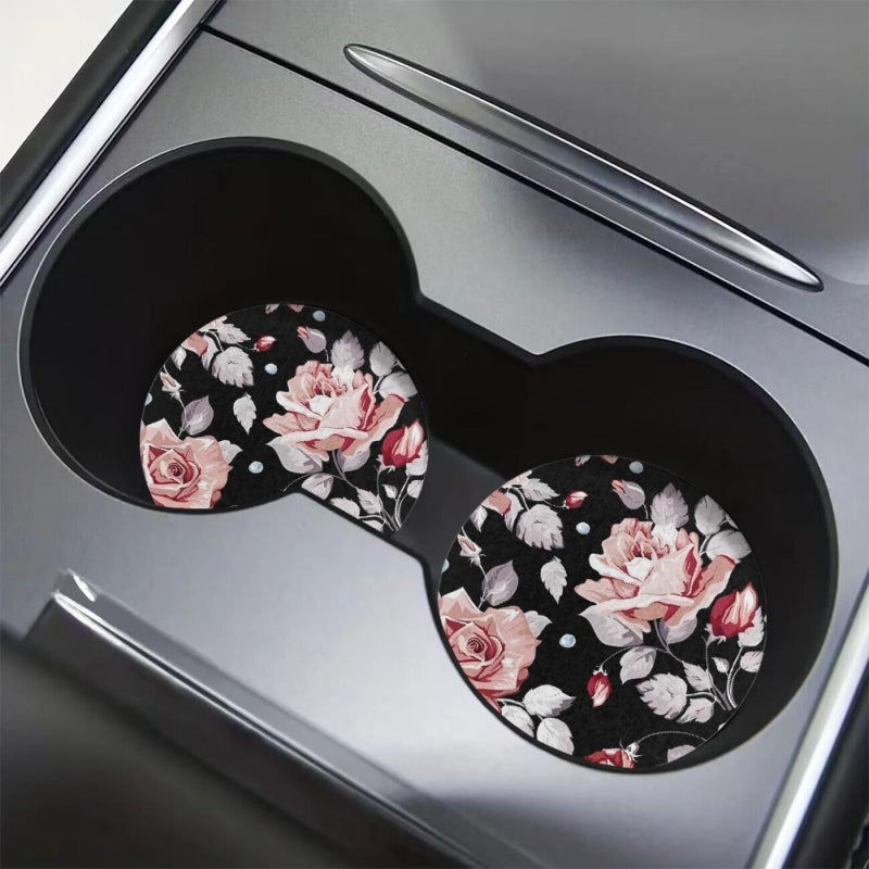 AFPANQZ Vintage Flowers Car Coasters  2 Pack  Black Pink  2.75"" Round  Nylon with Rubber Bottom - Image 3