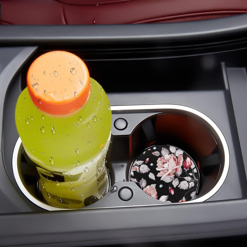 AFPANQZ Vintage Flowers Car Coasters  2 Pack  Black Pink  2.75"" Round  Nylon with Rubber Bottom - Image 4