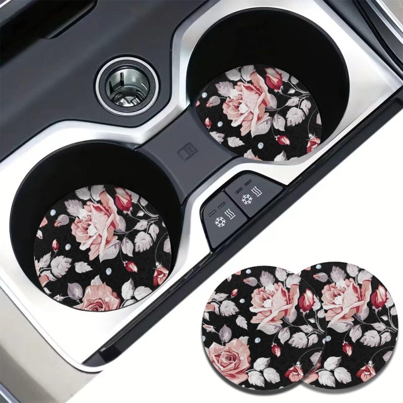 AFPANQZ Vintage Flowers Car Coasters  2 Pack  Black Pink  2.75"" Round  Nylon with Rubber Bottom - Image 2