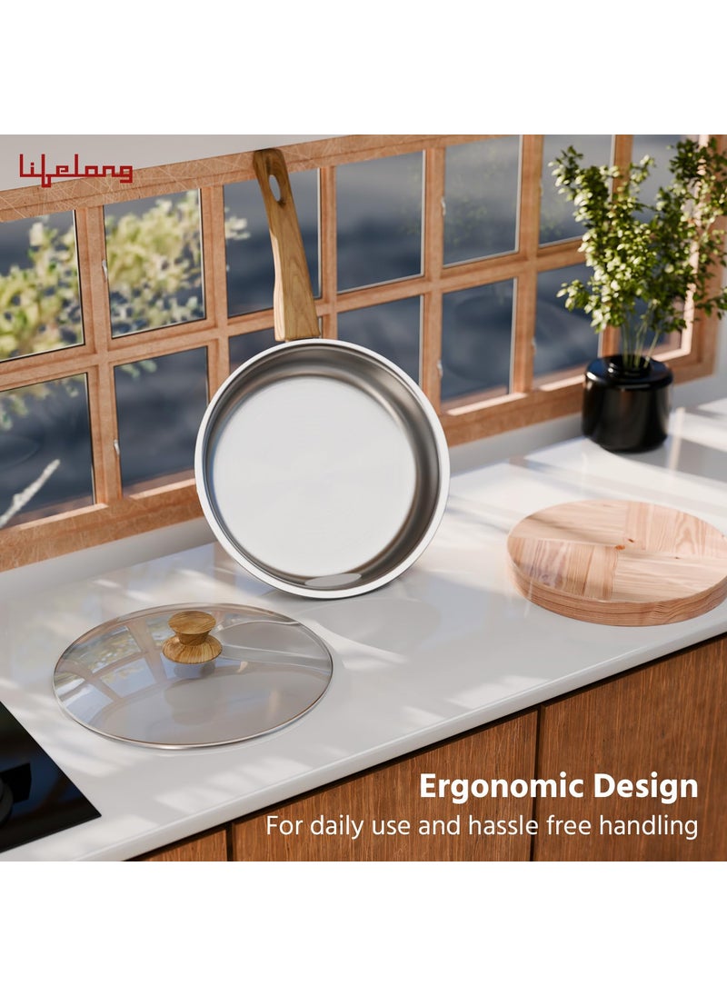 Lifelong - Lifelong TriPly Fry Pan with Glass Lid for Cooking, Stainless Steel - 24 cm Fry Pan with Glass Lid, 1.5 Litre, Induction Bottom and Gas Stove Cookware - (Silver, LLTPFP27) - Image 1