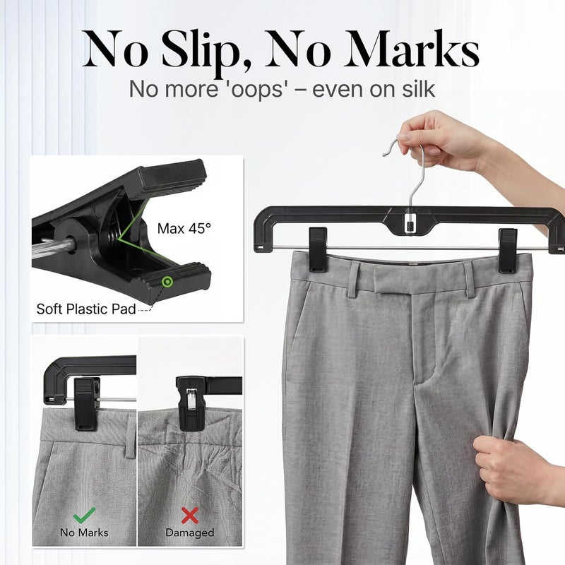 HOUSE DAY Pants Hangers 12 Pack Skirt Hangers with Clips 14 Inch Plastic Pants Hangers 360-Rotating Stainless Steel Clips,Hangers with Adjustable Clips, Hangers for Pants, Skirts, Jeans,Slacks(Black) - Image 3