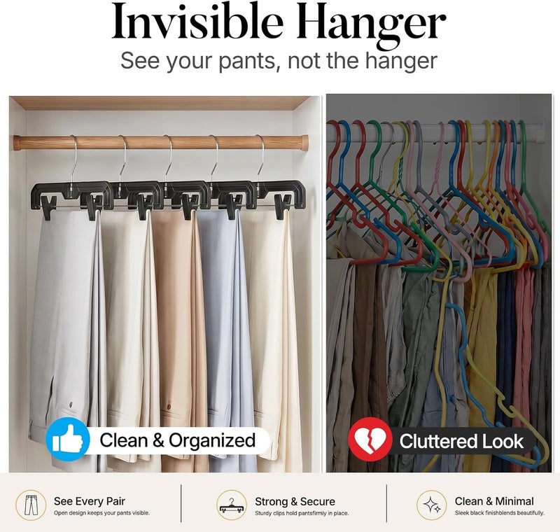 HOUSE DAY Pants Hangers 12 Pack Skirt Hangers with Clips 14 Inch Plastic Pants Hangers 360-Rotating Stainless Steel Clips,Hangers with Adjustable Clips, Hangers for Pants, Skirts, Jeans,Slacks(Black) - Image 5