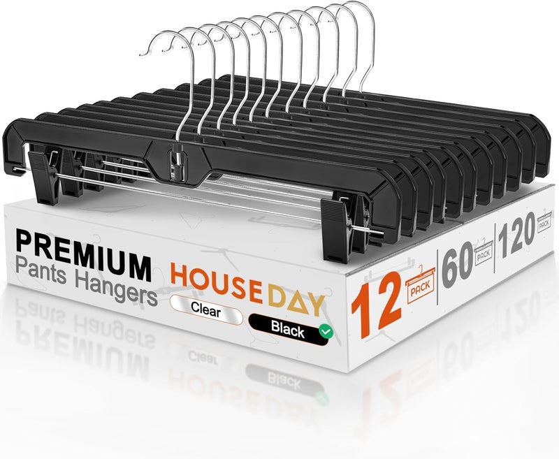 HOUSE DAY Pants Hangers 12 Pack Skirt Hangers with Clips 14 Inch Plastic Pants Hangers 360-Rotating Stainless Steel Clips,Hangers with Adjustable Clips, Hangers for Pants, Skirts, Jeans,Slacks(Black) - Image 1