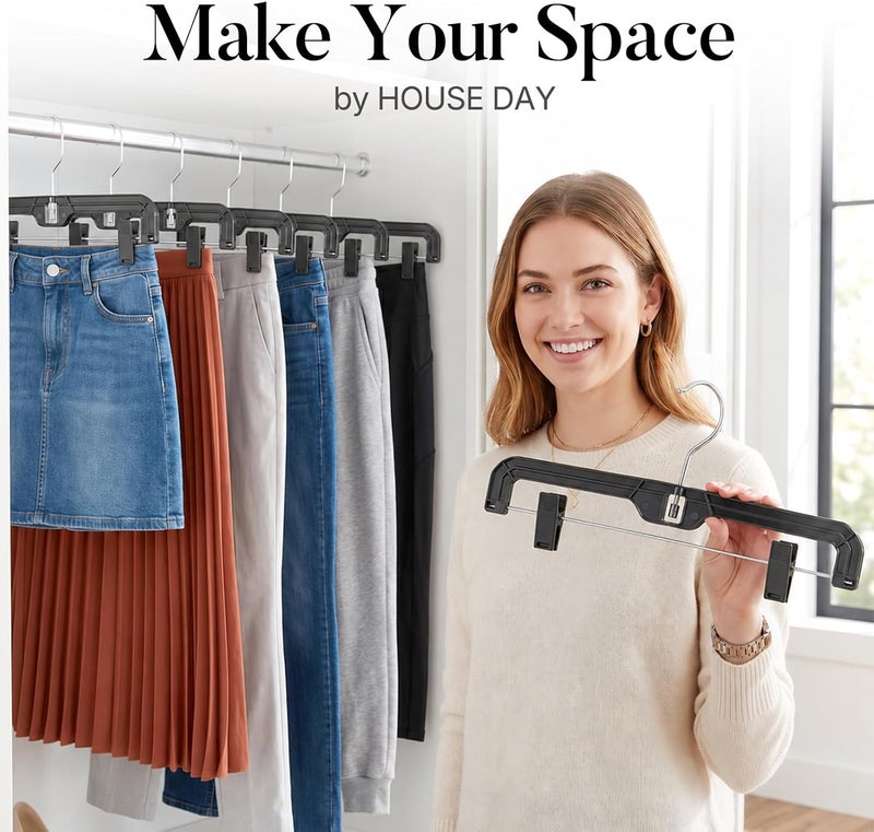 HOUSE DAY Pants Hangers 12 Pack Skirt Hangers with Clips 14 Inch Plastic Pants Hangers 360-Rotating Stainless Steel Clips,Hangers with Adjustable Clips, Hangers for Pants, Skirts, Jeans,Slacks(Black) - Image 2