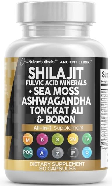 Clean Nutraceuticals مكمل شيلجيت النقي للرجال من كلين نوتراسيتيكالز مع طحالب البحر تونكات علي أشواغاندا بورون زنك CoQ10 PQQ كبسولات حمض الفولفيك دعم الطاقة 90 عدداً بديل الجل المطاطي المسحوق - Image 1