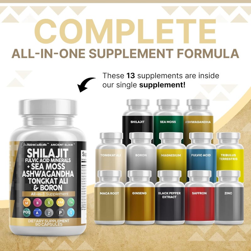 Clean Nutraceuticals مكمل شيلجيت النقي للرجال من كلين نوتراسيتيكالز مع طحالب البحر تونكات علي أشواغاندا بورون زنك CoQ10 PQQ كبسولات حمض الفولفيك دعم الطاقة 90 عدداً بديل الجل المطاطي المسحوق - Image 2