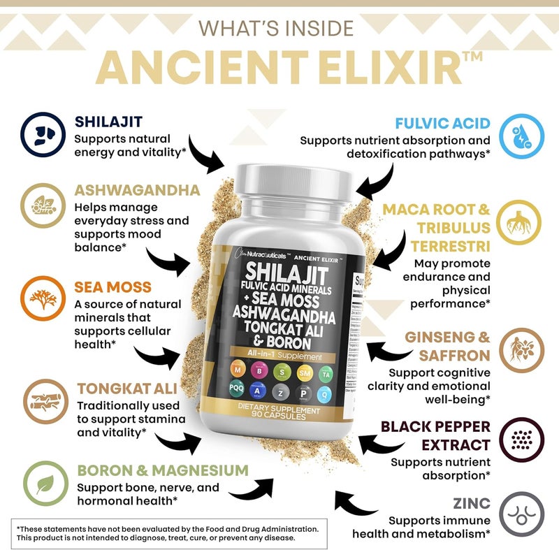 Clean Nutraceuticals مكمل شيلجيت النقي للرجال من كلين نوتراسيتيكالز مع طحالب البحر تونكات علي أشواغاندا بورون زنك CoQ10 PQQ كبسولات حمض الفولفيك دعم الطاقة 90 عدداً بديل الجل المطاطي المسحوق - Image 3