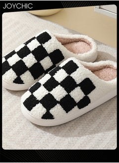 Joychic Checkerboard Lattice Design Bedroom Slippers for Women Men Couple Plush Fuzzy Cozy House Slippers Autumn and Winter Warm Indoor Outdoor Lightweight Soft Flat Slides Black+White  - Image 1