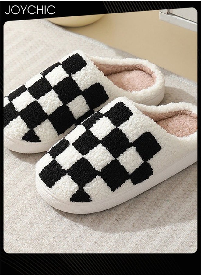 Joychic Checkerboard Lattice Design Bedroom Slippers for Women Men Couple Plush Fuzzy Cozy House Slippers Autumn and Winter Warm Indoor Outdoor Lightweight Soft Flat Slides Black+White  - Image 1