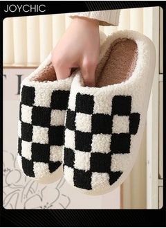 Joychic Checkerboard Lattice Design Bedroom Slippers for Women Men Couple Plush Fuzzy Cozy House Slippers Autumn and Winter Warm Indoor Outdoor Lightweight Soft Flat Slides Black+White  - Image 2
