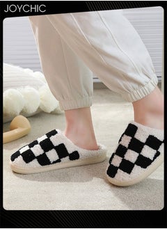 Joychic Checkerboard Lattice Design Bedroom Slippers for Women Men Couple Plush Fuzzy Cozy House Slippers Autumn and Winter Warm Indoor Outdoor Lightweight Soft Flat Slides Black+White  - Image 3