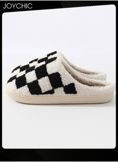 Joychic Checkerboard Lattice Design Bedroom Slippers for Women Men Couple Plush Fuzzy Cozy House Slippers Autumn and Winter Warm Indoor Outdoor Lightweight Soft Flat Slides Black+White  - Image 4