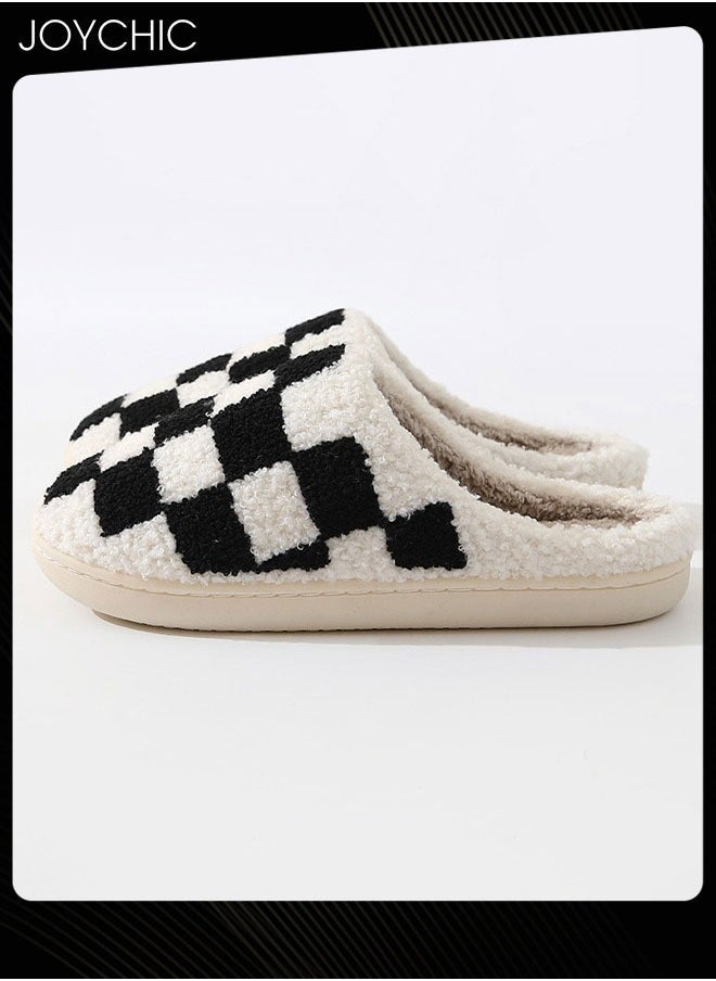 Joychic Checkerboard Lattice Design Bedroom Slippers for Women Men Couple Plush Fuzzy Cozy House Slippers Autumn and Winter Warm Indoor Outdoor Lightweight Soft Flat Slides Black+White  - Image 4