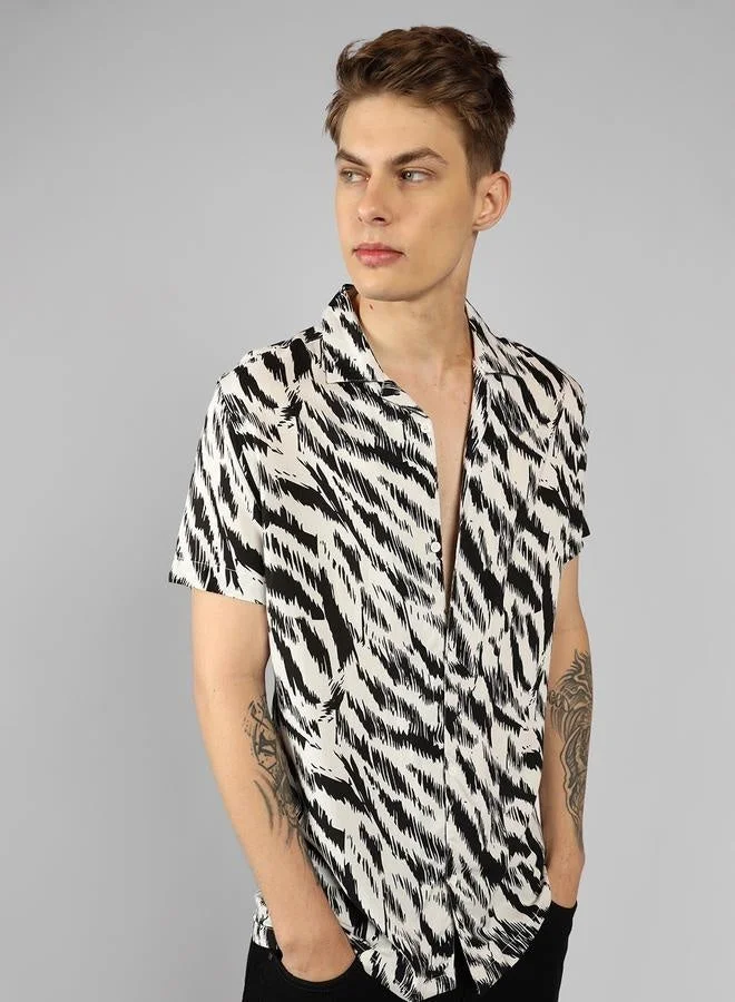 Relaxed Fit Black Viscose Shirt Cuban Collar