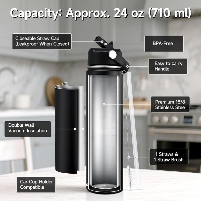 OZERO 24 Oz Insulated Stainless Steel Water Bottle with Lid and Straw - Double Wall Tumbler for Hot & Cold Drinks, Fits in Car Cup Holder, Leak-Proof Water Bottle for Sports, Gym and School - Image 2