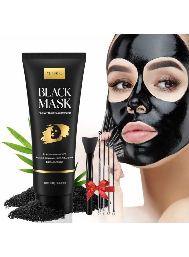YLNALO Blackhead Remover Mask Kit, Charcoal Peel Off Facial Mask with Brush and Pimple Extractors, Deep Cleansing for Face Nose Blackhead Pores Acne, For All Skin Types (3.5 Fl.oz) - Image 1