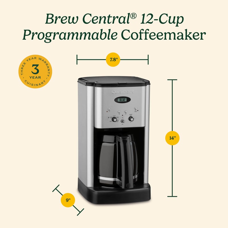 Cuisinart ماكينة قهوة كوزينارت DCC-1200P1 برو سنترال 12 كوب قابلة للبرمجة، صانعة القهوة، إبريق، كروم مصقول - Image 3