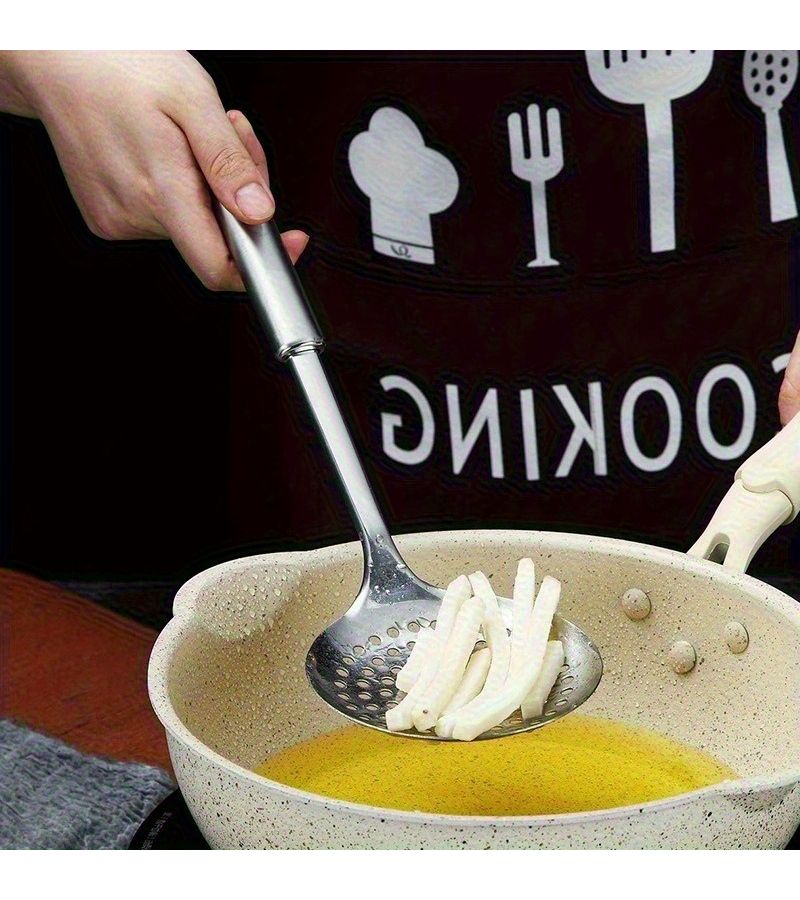 ملعقة تصفية ثقيلة من الفولاذ المقاوم للصدأ مع مقبض طويل ورأس شبكي مشقوق من الدرجة 410، مقاومة للصدأ، أداة مطبخية متينة للطهي في القدور والحساء، قطعة واحدة. - Image 2