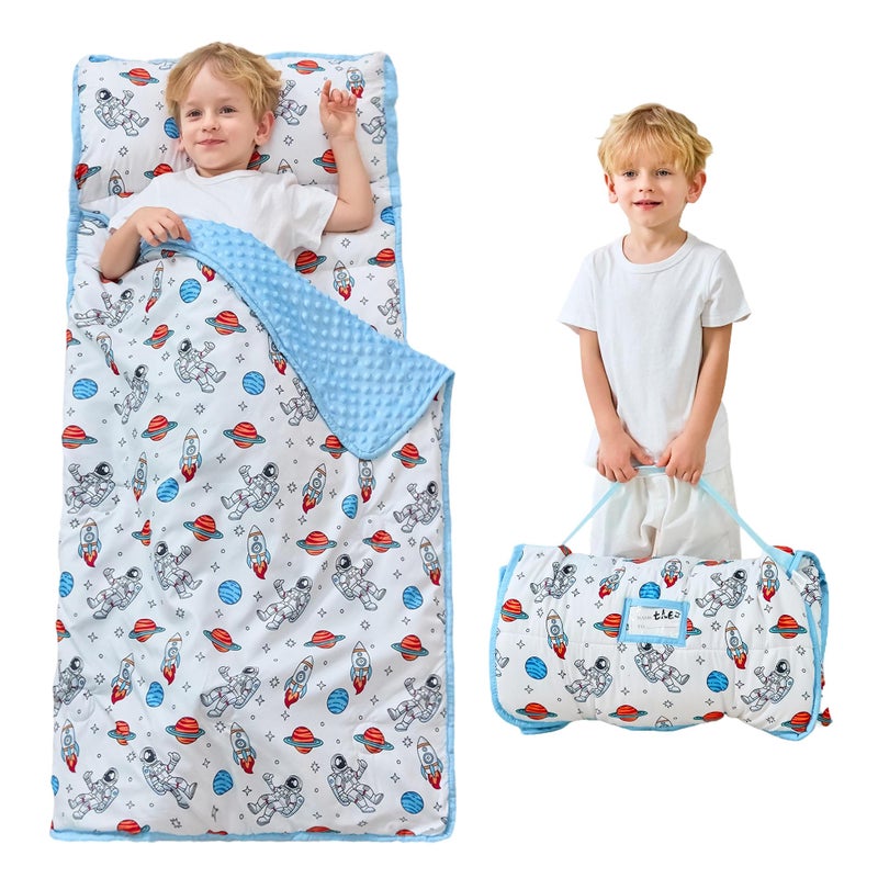 Lasoftan Toddler Nap Mat With Pillow And Blanket, Extra Large Rolled Napping Mats,Slumber Bags For Boys Girls,Kids Sleeping Bag For Daycare, 21"" X 50"" Preschool Travel Camping - Astronaut - Image 1
