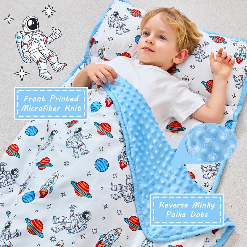 Lasoftan Toddler Nap Mat With Pillow And Blanket, Extra Large Rolled Napping Mats,Slumber Bags For Boys Girls,Kids Sleeping Bag For Daycare, 21"" X 50"" Preschool Travel Camping - Astronaut - Image 2