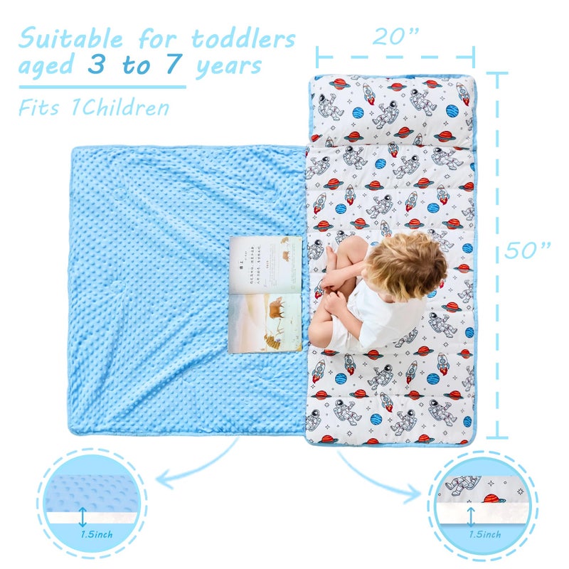 Lasoftan Toddler Nap Mat With Pillow And Blanket, Extra Large Rolled Napping Mats,Slumber Bags For Boys Girls,Kids Sleeping Bag For Daycare, 21"" X 50"" Preschool Travel Camping - Astronaut - Image 4