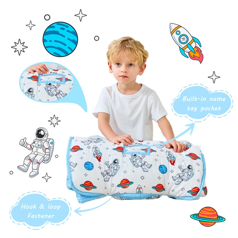 Lasoftan Toddler Nap Mat With Pillow And Blanket, Extra Large Rolled Napping Mats,Slumber Bags For Boys Girls,Kids Sleeping Bag For Daycare, 21"" X 50"" Preschool Travel Camping - Astronaut - Image 3