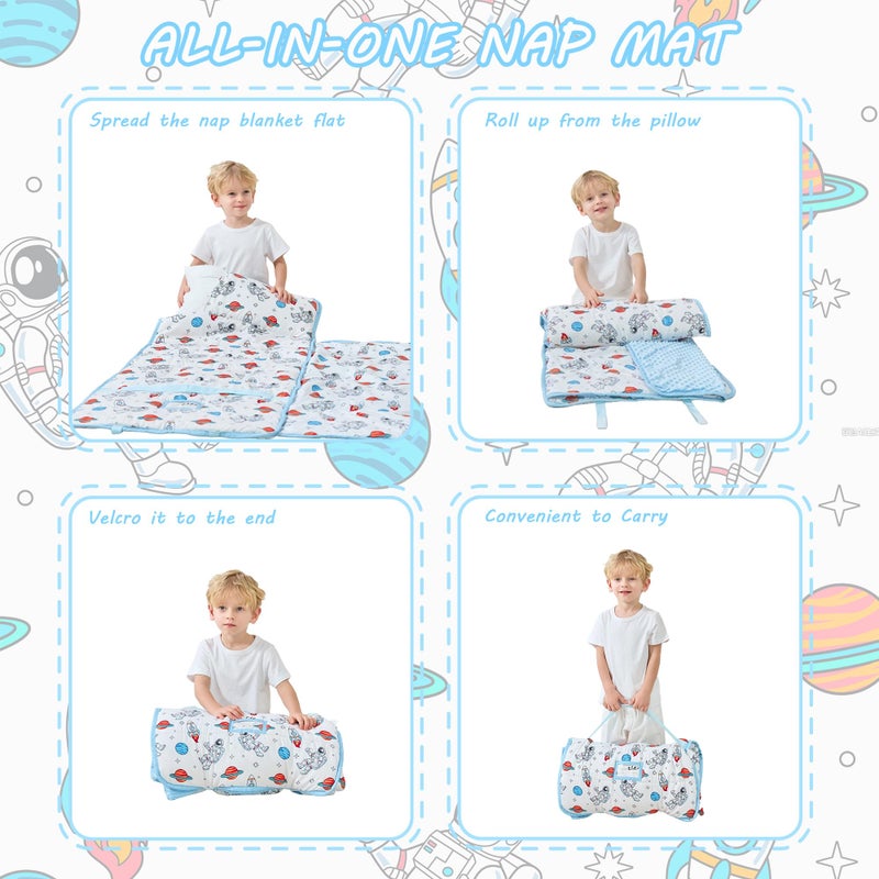 Lasoftan Toddler Nap Mat With Pillow And Blanket, Extra Large Rolled Napping Mats,Slumber Bags For Boys Girls,Kids Sleeping Bag For Daycare, 21"" X 50"" Preschool Travel Camping - Astronaut - Image 5