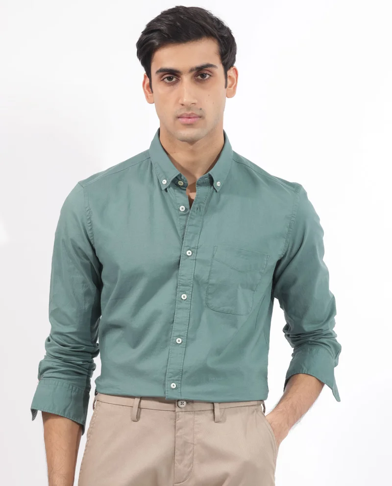 Rare Rabbit Rare Rabbit Men's Auxfo Light Petrol Cotton Fabric Full Sleeves Solid Shirt