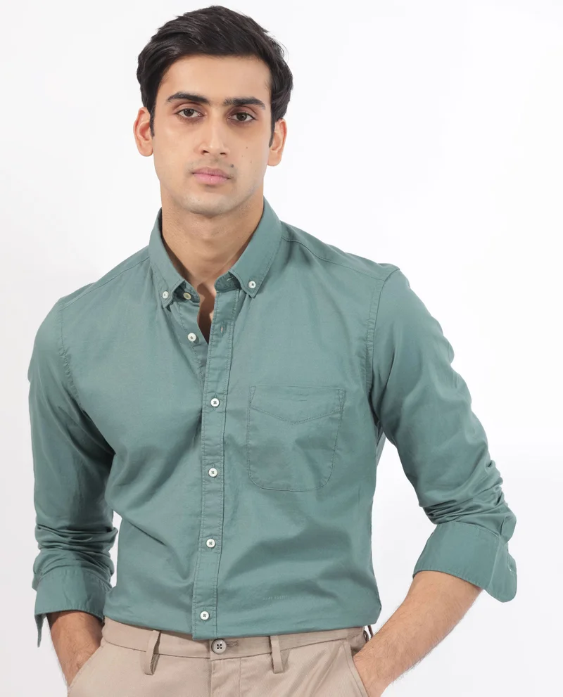 Rare Rabbit Rare Rabbit Men's Auxfo Light Petrol Cotton Fabric Full Sleeves Solid Shirt