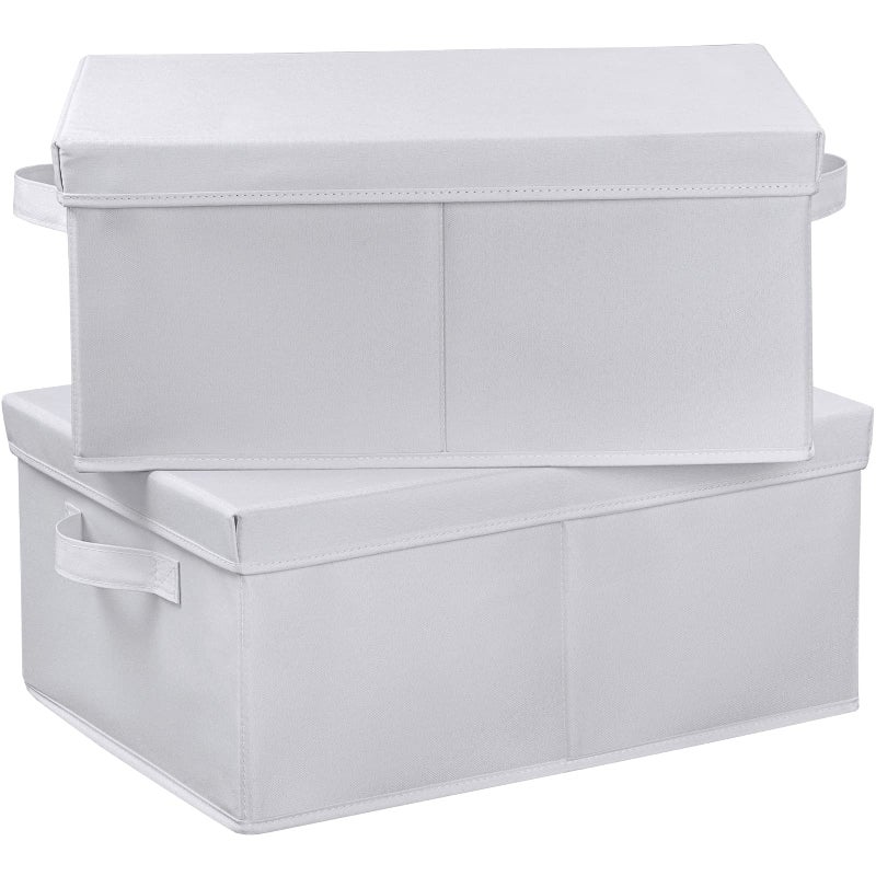 HOONEX HOONEX Storage Bins with Lids for Organizing Pack of 2 Storage Boxes with 2 Carrying Handles and Sturdy Heavy Cardboard 165 L x 118 W x 75 H for Shoes Books Clothes Nursery White