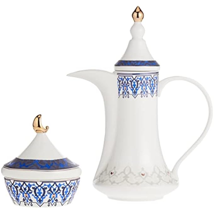 rayihni Istekana CahwaPorcelain Arabic Coffee Set With Dallah And Dates Bowl With Lid 16 PiecesDecorated With Colored Drawing Assorted - Image 1