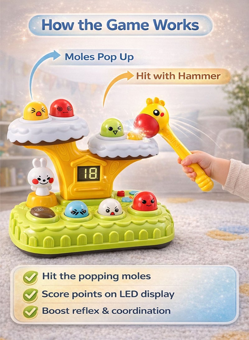 Oobidoo Whack A Mole Interactive Hammer Toy for Toddlers 7 Pop Up Moles Game with LED Score Display 7 Speed Levels 20 Built in Melodies Light and Sound Educational Toy for Kids Hand Eye Coordination Reflex Development Baby Learning Activity with Soft Safe Hammer Suction Base 18M Plus - Image 3