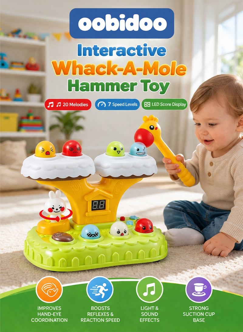 Oobidoo Whack A Mole Interactive Hammer Toy for Toddlers 7 Pop Up Moles Game with LED Score Display 7 Speed Levels 20 Built in Melodies Light and Sound Educational Toy for Kids Hand Eye Coordination Reflex Development Baby Learning Activity with Soft Safe Hammer Suction Base 18M Plus - Image 1