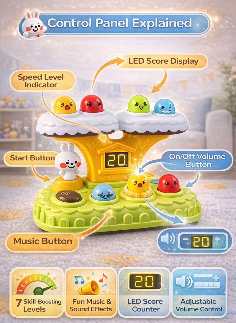 Oobidoo Whack A Mole Interactive Hammer Toy for Toddlers 7 Pop Up Moles Game with LED Score Display 7 Speed Levels 20 Built in Melodies Light and Sound Educational Toy for Kids Hand Eye Coordination Reflex Development Baby Learning Activity with Soft Safe Hammer Suction Base 18M Plus - Image 4