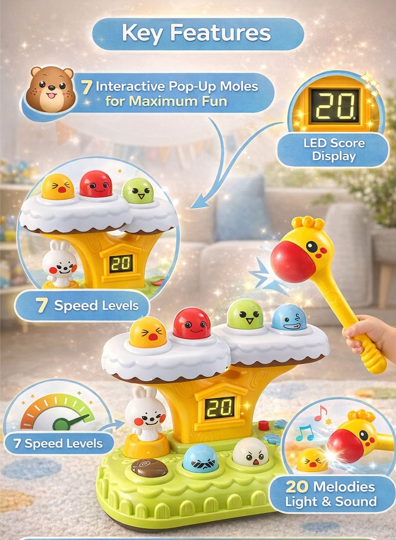 Oobidoo Whack A Mole Interactive Hammer Toy for Toddlers 7 Pop Up Moles Game with LED Score Display 7 Speed Levels 20 Built in Melodies Light and Sound Educational Toy for Kids Hand Eye Coordination Reflex Development Baby Learning Activity with Soft Safe Hammer Suction Base 18M Plus - Image 2