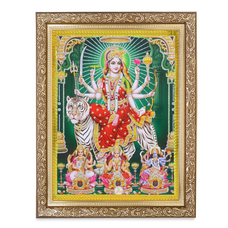 BM TRADERS Maa DurgaSaraswatiLakshmiKali Zari Art Work Photo In Golden Frame 11 X 13 Inches
