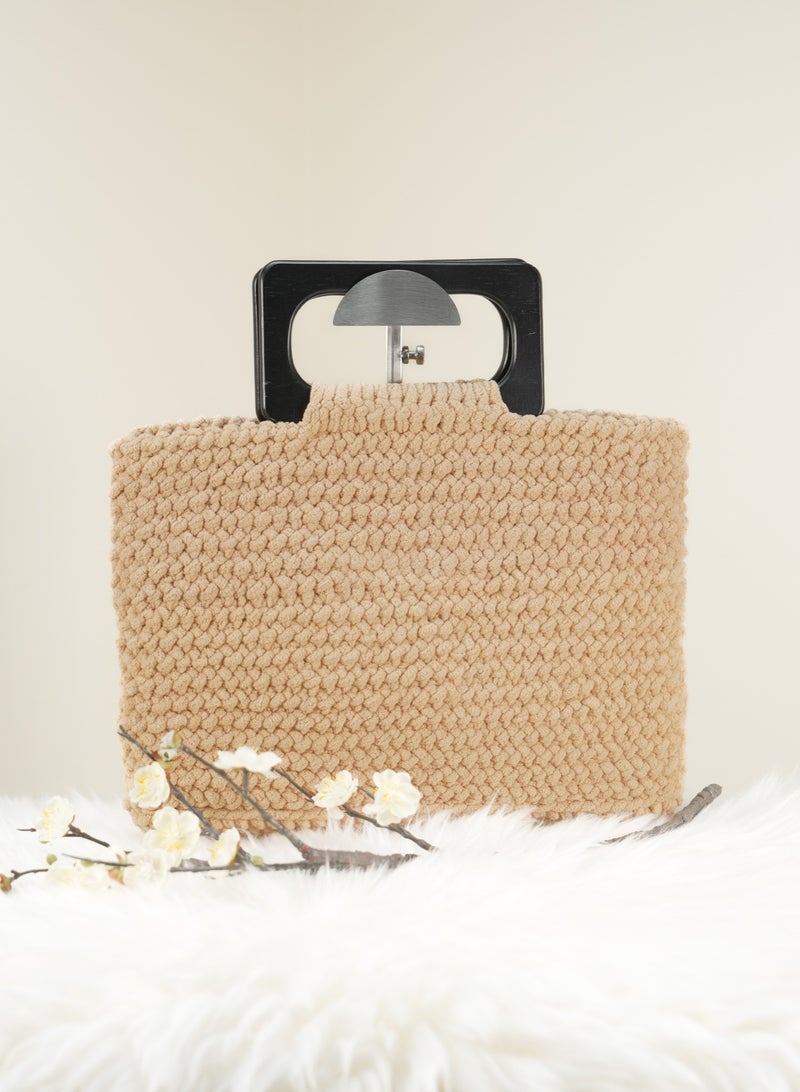 Beige Crochet Handbag with Wooden  Handle