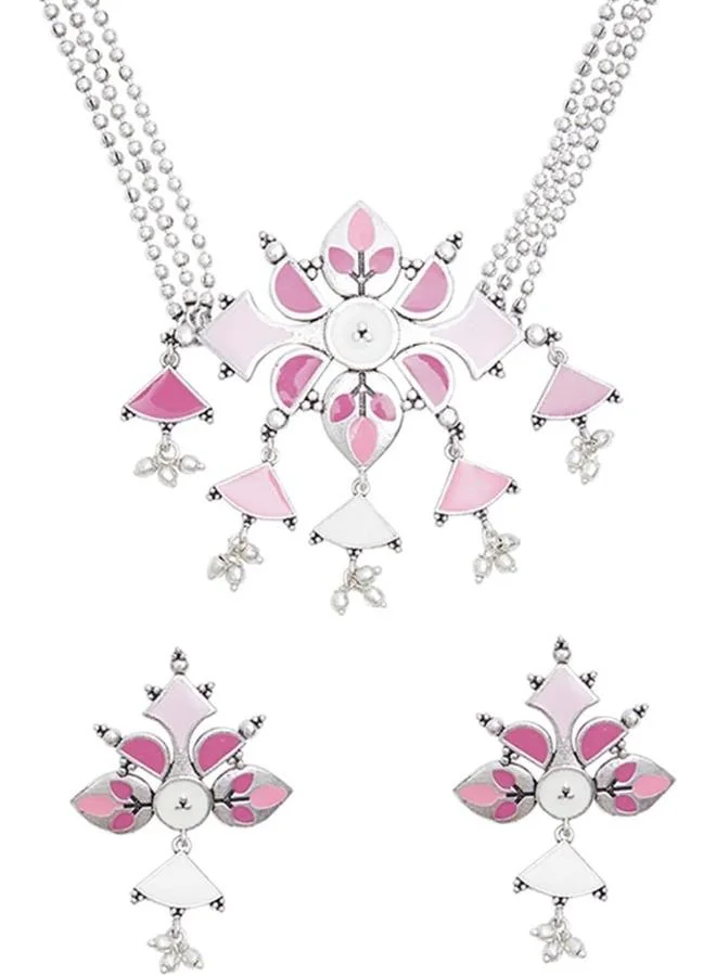 فويلا طقم مجوهرات نحاسي عتيق وردي مطلي بالمينا بخرز، مقاس واحد