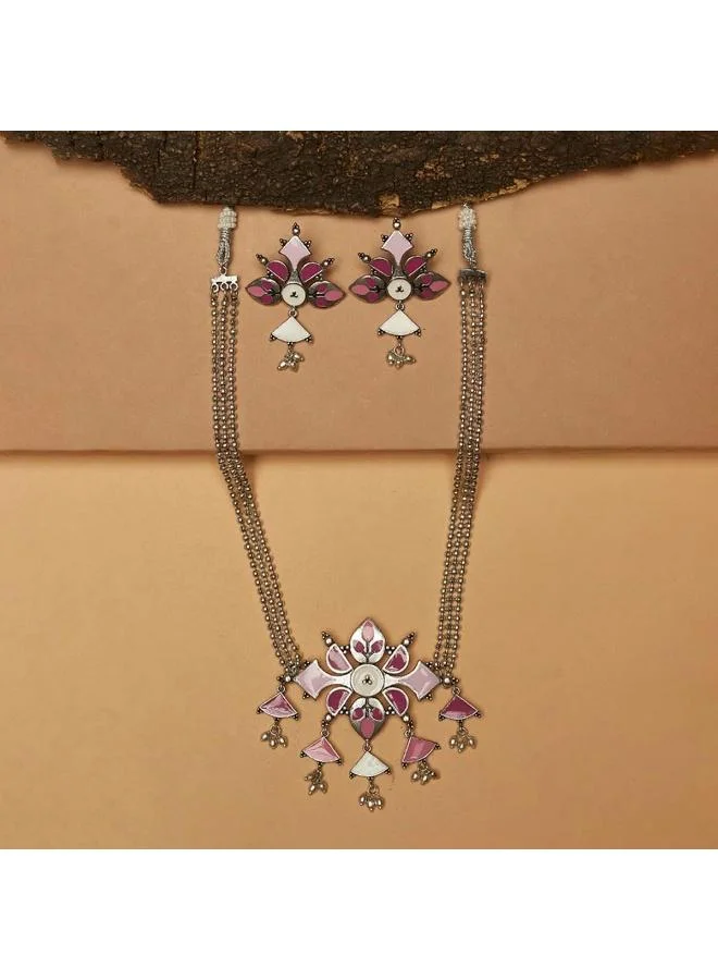 فويلا طقم مجوهرات نحاسي عتيق وردي مطلي بالمينا بخرز، مقاس واحد