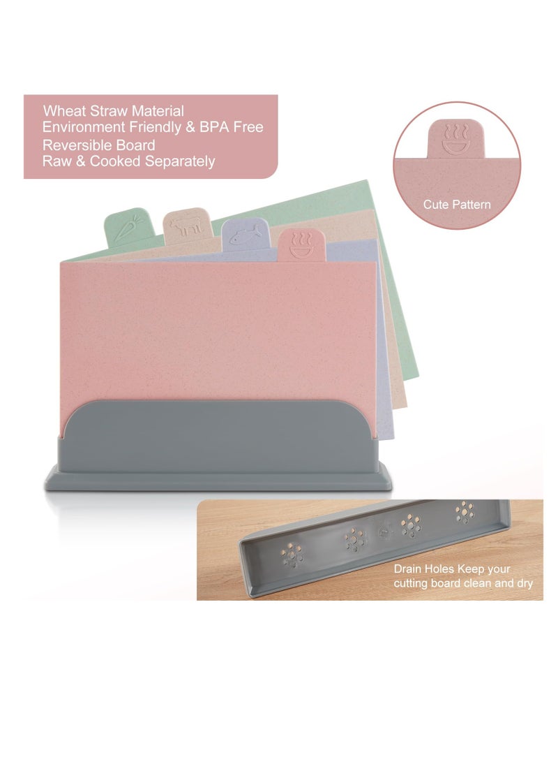 SYOSI 4 Pcs Cutting Board Set with Stand Color Coded Reversible Chopping Boards Plastic Cutting Boards Compact for Safer Food Prep Prevent Cross-contamination Eco-friendly Wheat Straw Fiber - Image 2