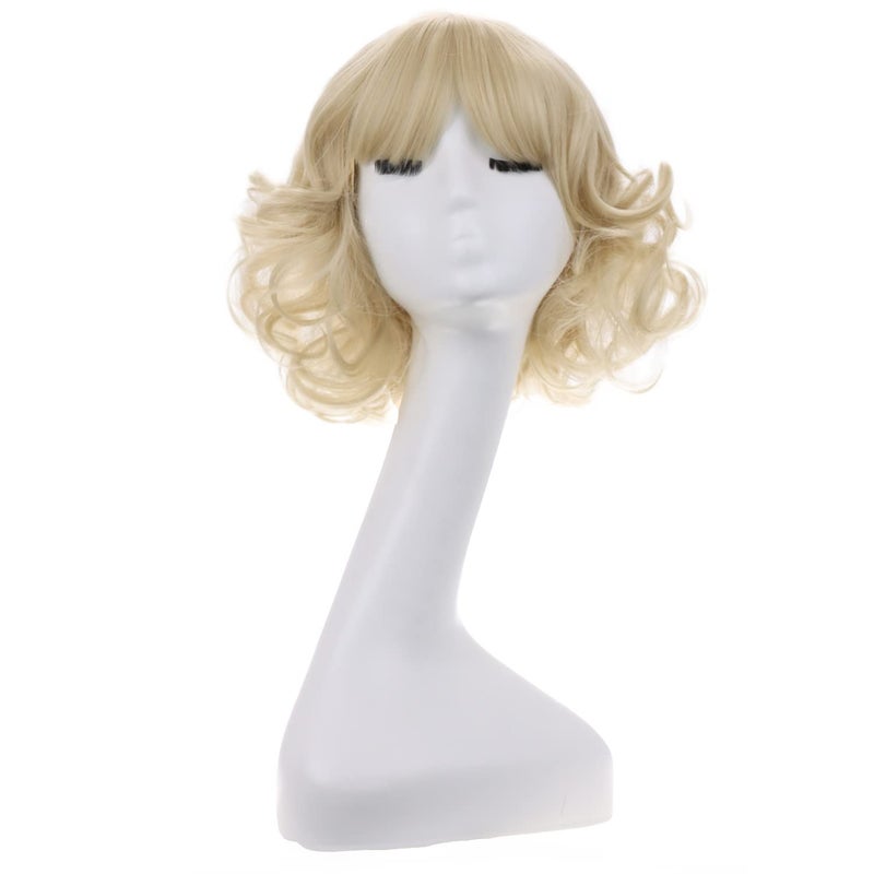 MAGQOO Women Girls Short Curly Wavy Wig with Bangs  Light Blonde Hair Wigs for Halloween Cosplay Costume Party 12