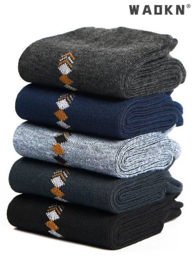 WAOKN 5 Pairs Men's 100% Cotton Crew Socks: Mid-Calf, Dress Socks, Moisture Wicking, Suitable for All Seasons, Striped Pattern in a Variety of Colors for Business Casual Wear - Image 2