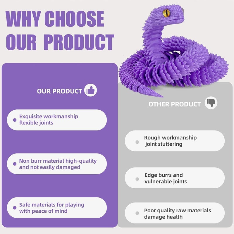 Binvin 3D Printed Animals-Snake Viper,3D Printed Snake Toys Articulated Snake 3D Printed Animals Animal Model Ornaments Creative Funny Toy Festival Gift for Frends (Black Blue, 24Inch) - Image 3
