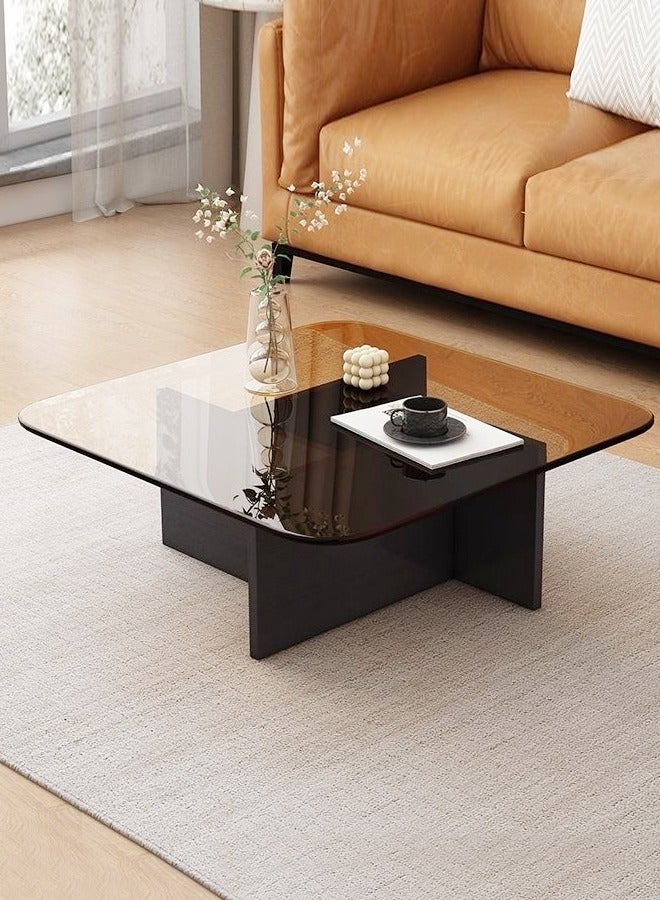 سي آند سي هوم متعددة الوظائف الحديثة الحد الأدنى تصميم الزجاج أعلى دائم شكل هندسي الخشب الإطار طاولة القهوة مركز الجدول لغرفة المعيشة غرفة نوم أثاث المكاتب المنزلية 70x70x30 سم - Image 2