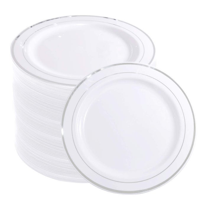144 PIECES SILVER PLASTIC DESSERT PLATES 75 INCH DISPOSABLE SALAD PLATES PREMIUM WHITE APPETIZER PLATES WITH SILVER RIM IDEAL FOR PARTY WEDDING